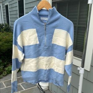 Stradivarius Blue and White Zip Up Sweater with Sporty Stripes